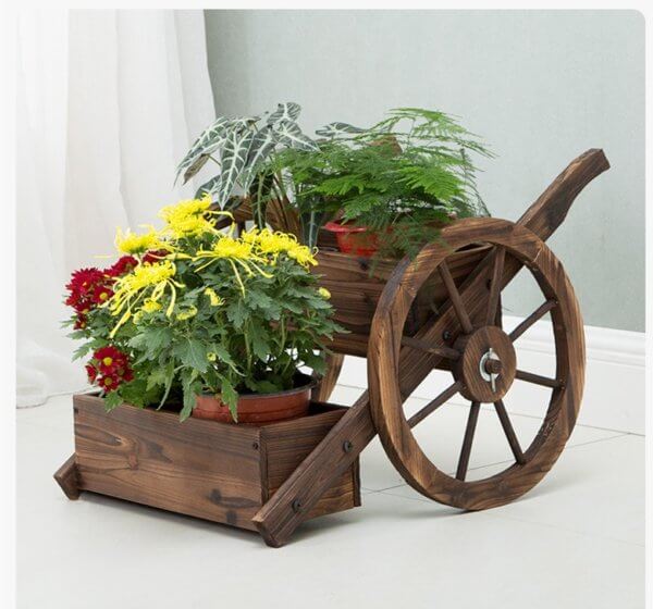 Solid -Wood -Wheelbarrows -Shaped -Plant -Stand- Ladder -Flower -Pot -Organizer -Wagon -Plant -Display