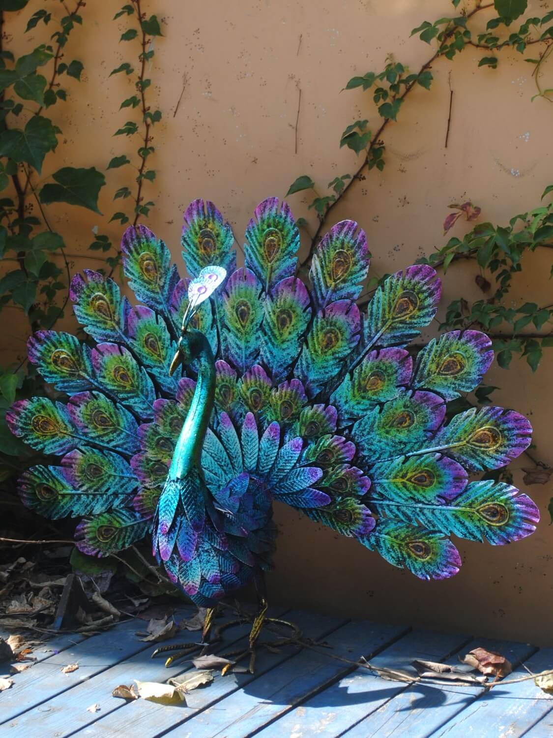 Pretty Peacock Yard Sculpture Metal Bird Stake Colorful Art Outdoor Decoration 